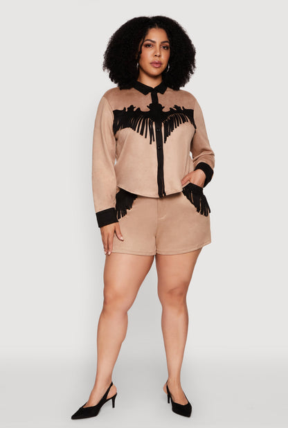 Plus Size Chic Faux Suede Contrast Trim Fringe Hem Shirt