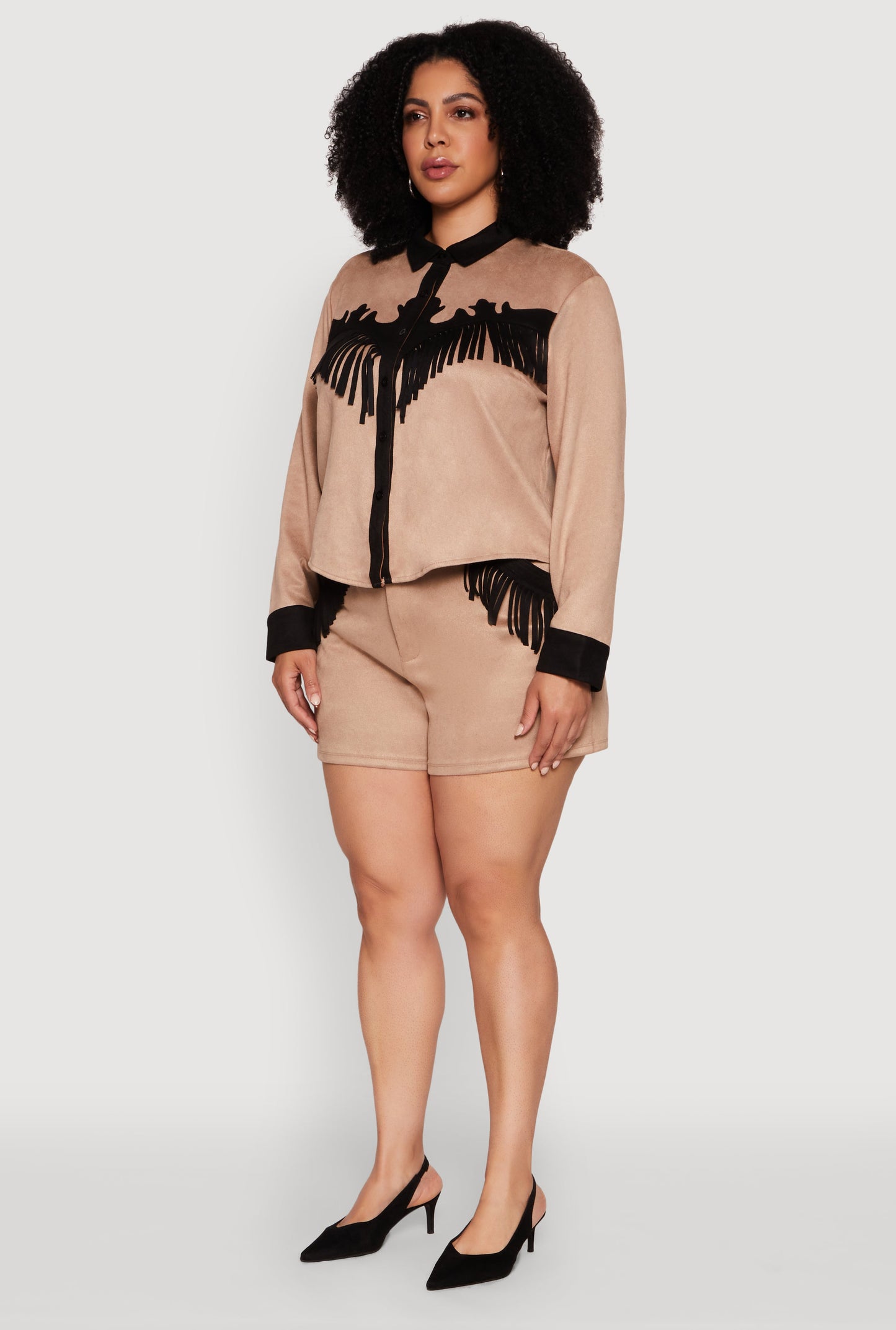 Plus Size Chic Faux Suede Contrast Trim Fringe Hem Shirt