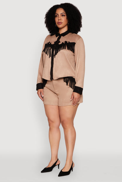 Plus Size Chic Faux Suede Contrast Trim Fringe Hem Shirt